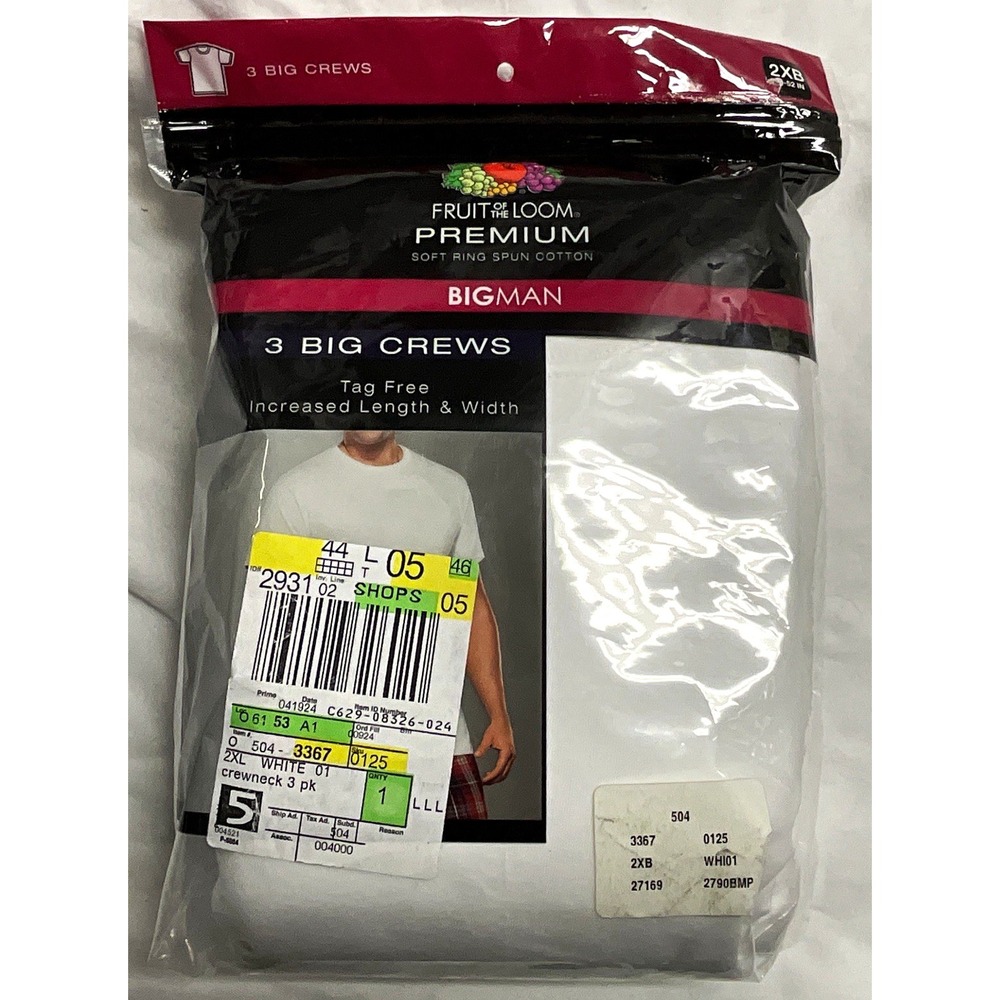 Fruit of the Loom Premium Big Man Tagless Crew Neck Undershirt 3 Pack 2XB